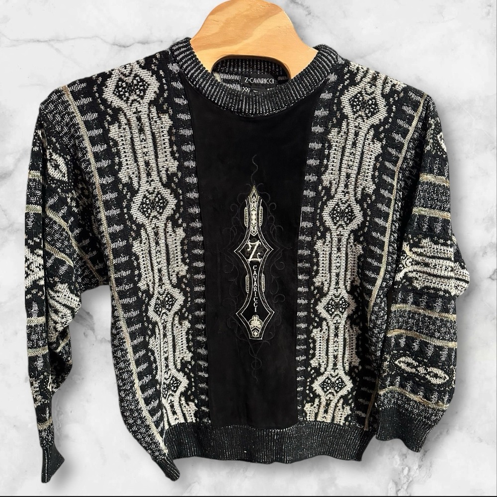 Vintage Z‎ Cavaricci Sweater Large  Black Suede Sweater Men's